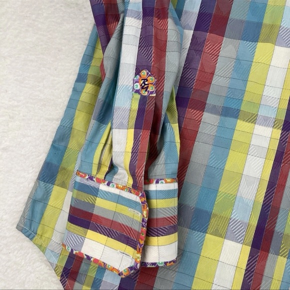 Robert Graham Shirt Mens XL Floral Orange Gingham Multicolored Flip Cuff Button - Picture 9 of 12